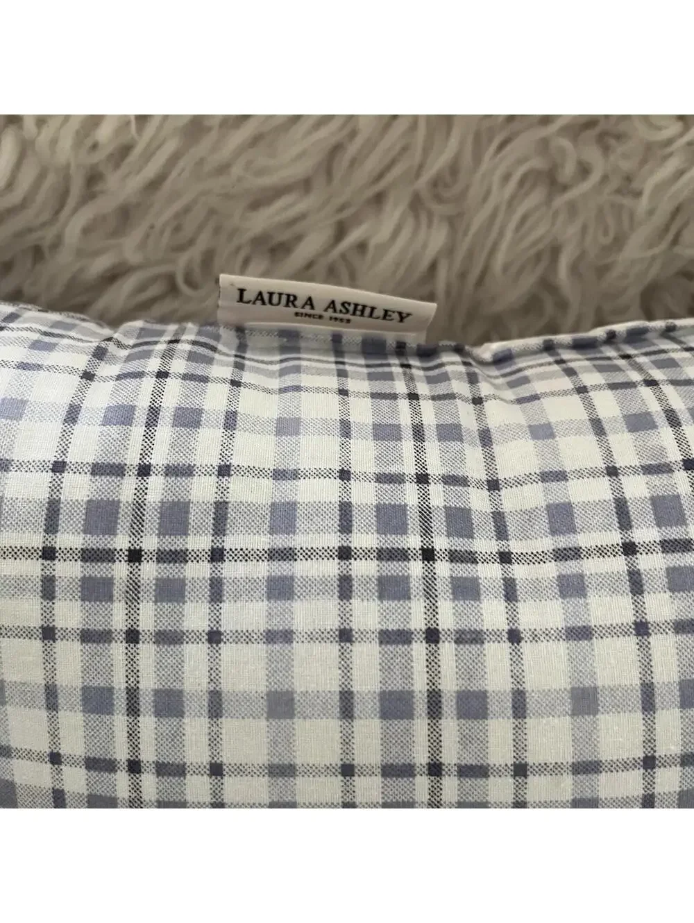 Laura Ashley Cassidy Blue & White Plaid Throw Pillow Ruffle Edge 11x17”